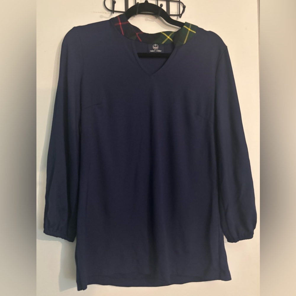 Sailor-Sailor Womens Navy Long Sleeve Elastic Cuff Tartan Plaid Collar Sz M Top